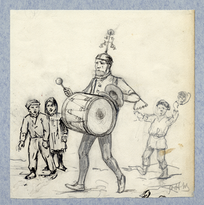 32795 Afbeelding van een muzikant en drie kinderen tijdens een kermis te Utrecht.